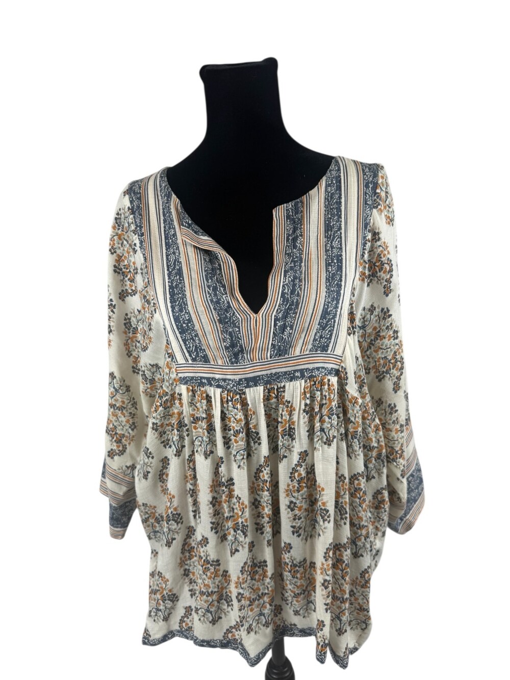 Lucky Brand Orange/Blue Floral Tunic Blouse Shirt 3/4 Sleeve Size M